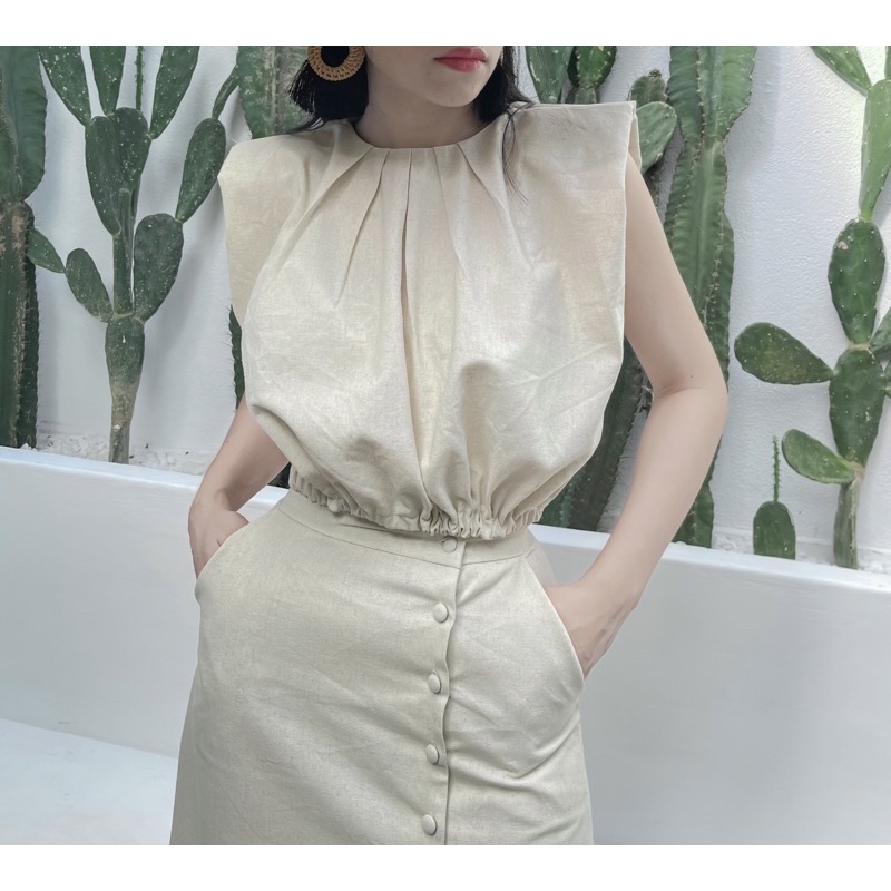 Áo Croptop bo eo độn vai vải Linen
