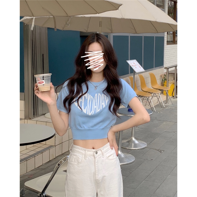 Cocory vn Áo Len Croptop Tay Ngắn Dáng Ôm In Chữ Và Trái Tim Cá Tính Thời Trang Mùa Hè Mới Cho Bạn Gái