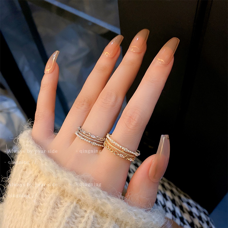 DREJEW Nhẫn nhiều lớp ngọc trai zircon khạm ngọc trai siêu nhỏ đơn giản phong cách Hàn Quốc thời trang