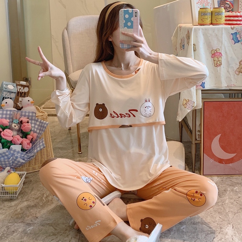 Bộ Đồ Bầu Nữ Mặc Nhà Vải Co Giãn 4 Chiều Cho Con Bú Ti Quần Áo Ngủ Dài Tay Sau Sinh Pijama Xuân Thu Đông Hè BĐN37