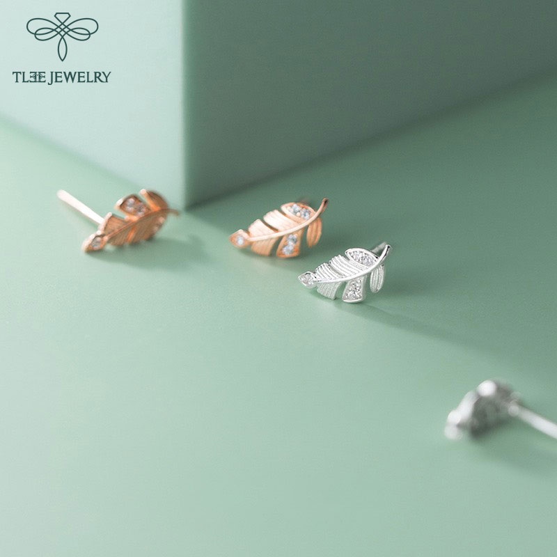 Khuyên tai bạc nữ TLEE mẫu lông vũ đính đá lấp lánh TleeJewelry B0250