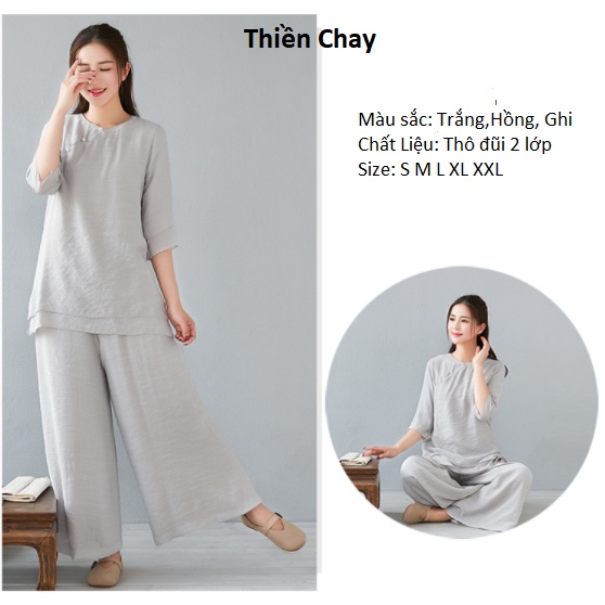 Quần áo Thiền cho phật tử, người tập yoga, đồ lam đi chùa nữ cổ tròn vải tơ đũi 2 lớp Thiền Chay