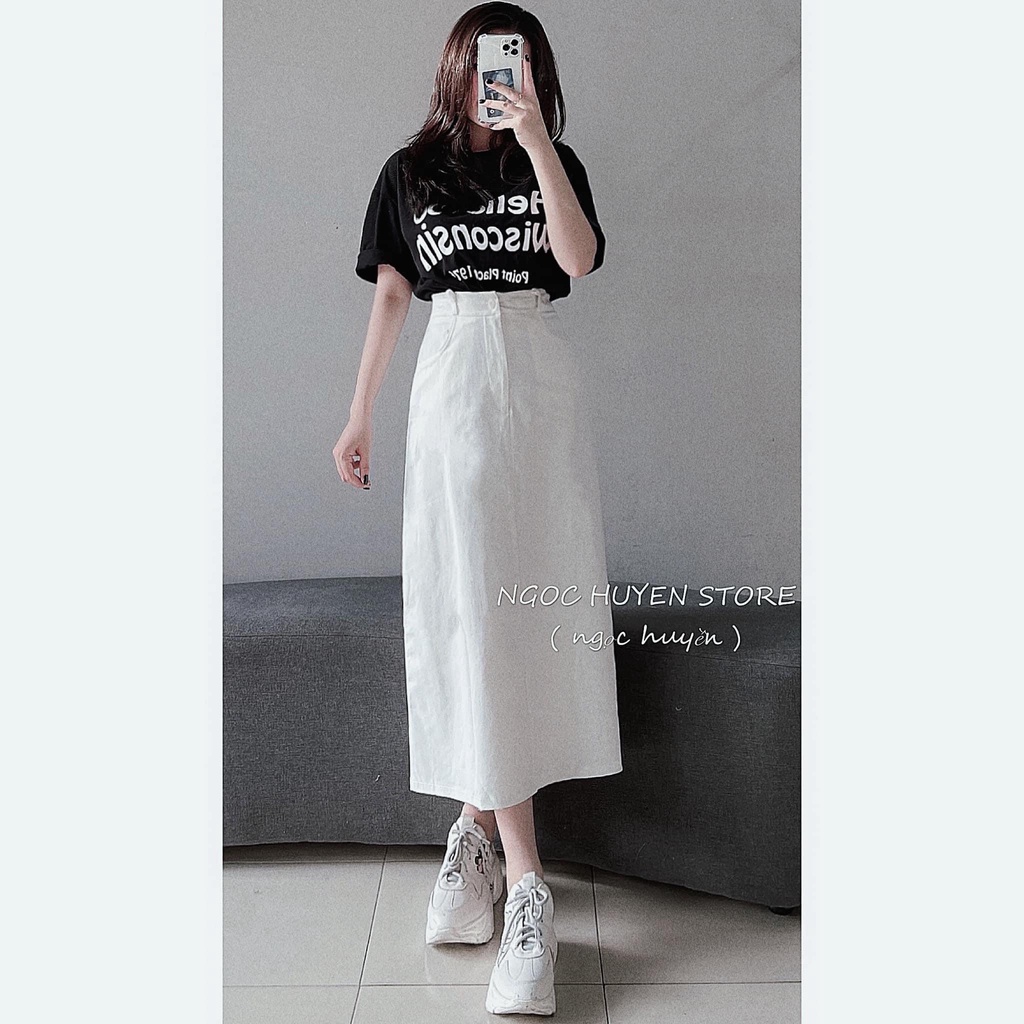 Set áo phông chữ chân váy kaki xẻ tà NN421