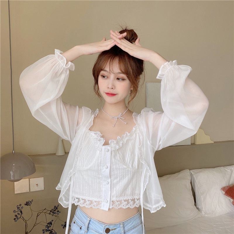 Áo Chiffon Tay Dài Dáng Rộng Cột Nơ Tai Gỗ Thời Trang Mùa Hè Dễ Phối Đồ Cho Nữ