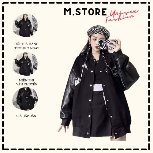 Áo Khoác Bomber trái tim lar Chất Nỉ Phối Tay Da Cá Tính From Suông Rộng Có ảnh Thật Và Video Mã 721 M.Store