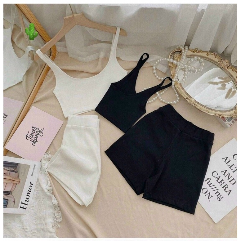 Set thể thao, gym áo 2 dây croptop phối quần đùi lưng cao chất thun - S0P