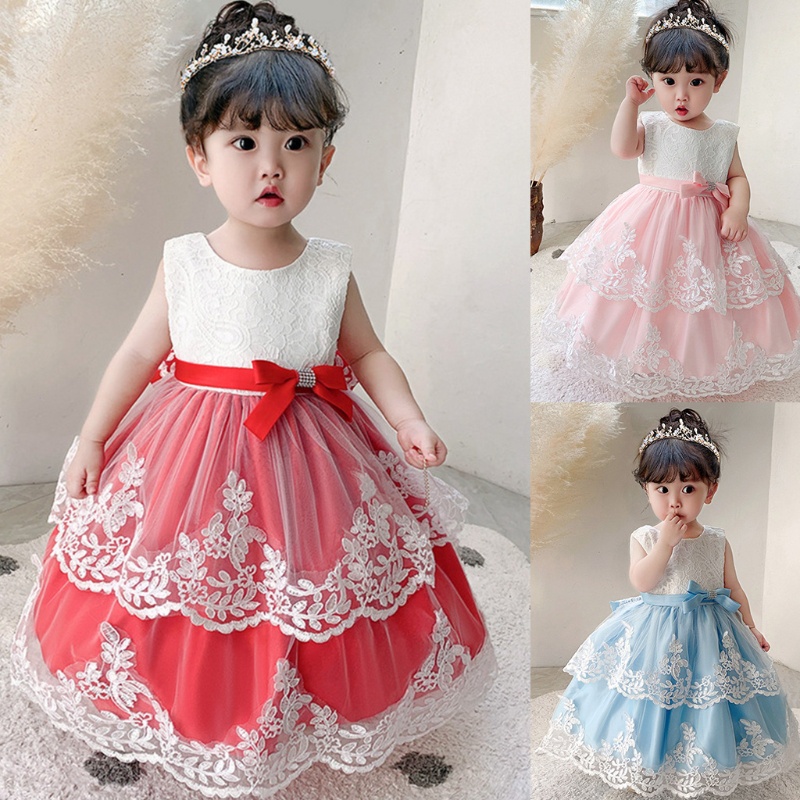 Đầm Công Chúa Không Tay Vải Tuyn Phối Ren Lưới Thêu Hoa Xinh Xắn Cho Bé Gái