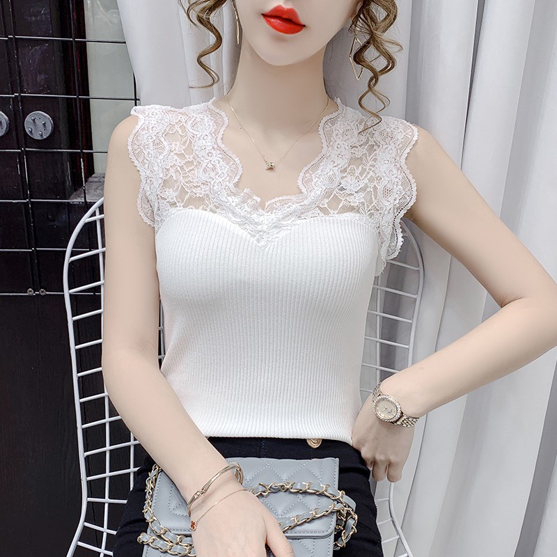 Áo Dệt Kim Sát Nách Cổ Chữ V Phối Ren Quyến Rũ Hợp Thời Trang