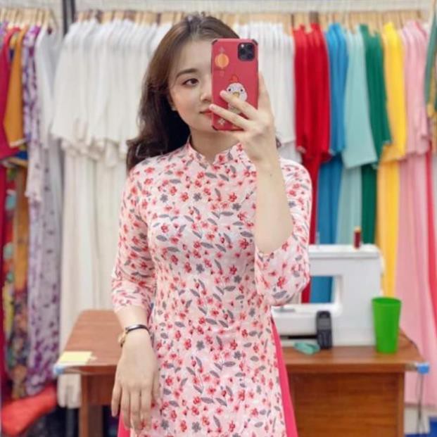 Áo dài cúc họa mi CHAANG May sẵn Áo dài hoa nhí hồng đỏ cổ vuông tay lỡ