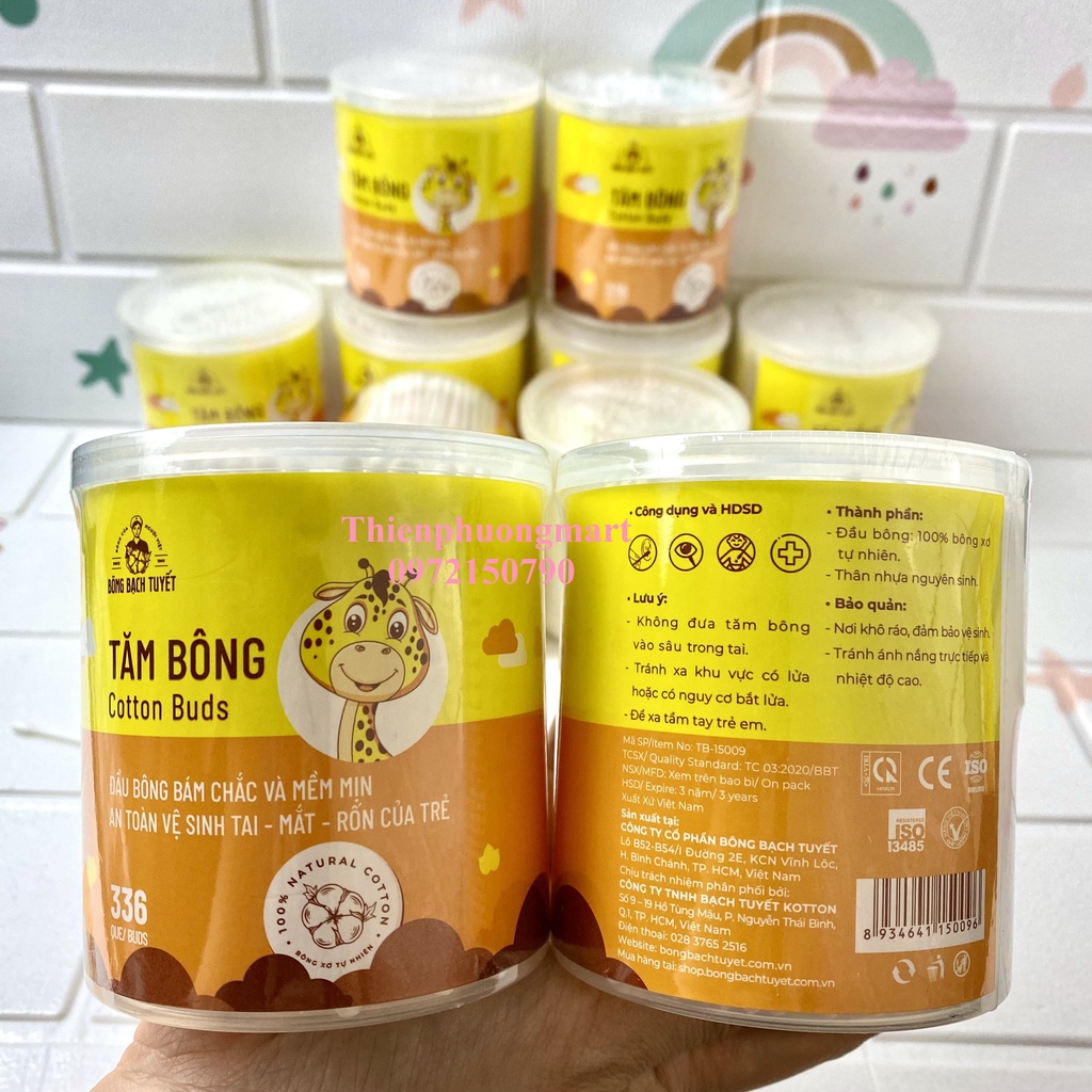 Tăm Bông Cho Bé 336 Que HỘP TRÒN XOAY - Tăm Bông Kotton Care For Kid HỘP TRÒN Bông Bạch Tuyết