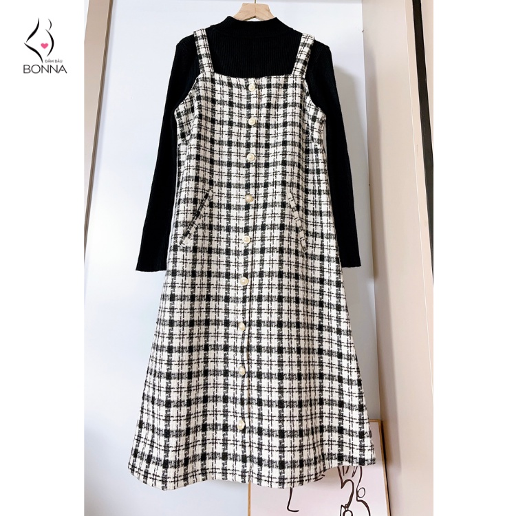 Đầm yếm bầu BONNA chất dạ tweed phối họa tiết kẻ caro thanh lịch, đai điều chỉnh to nhỏ VS062 ( SP KHÔNG KÈM ÁO LEN)