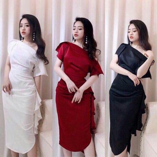 Đầm umi lệch vai nhún bèo + hình thật