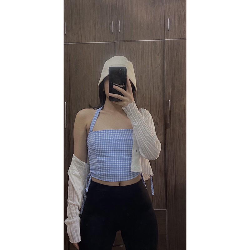 [ORDER] Áo dây croptop kẻ xanh và áo len mỏng khoác ngoài (có ảnh thật)