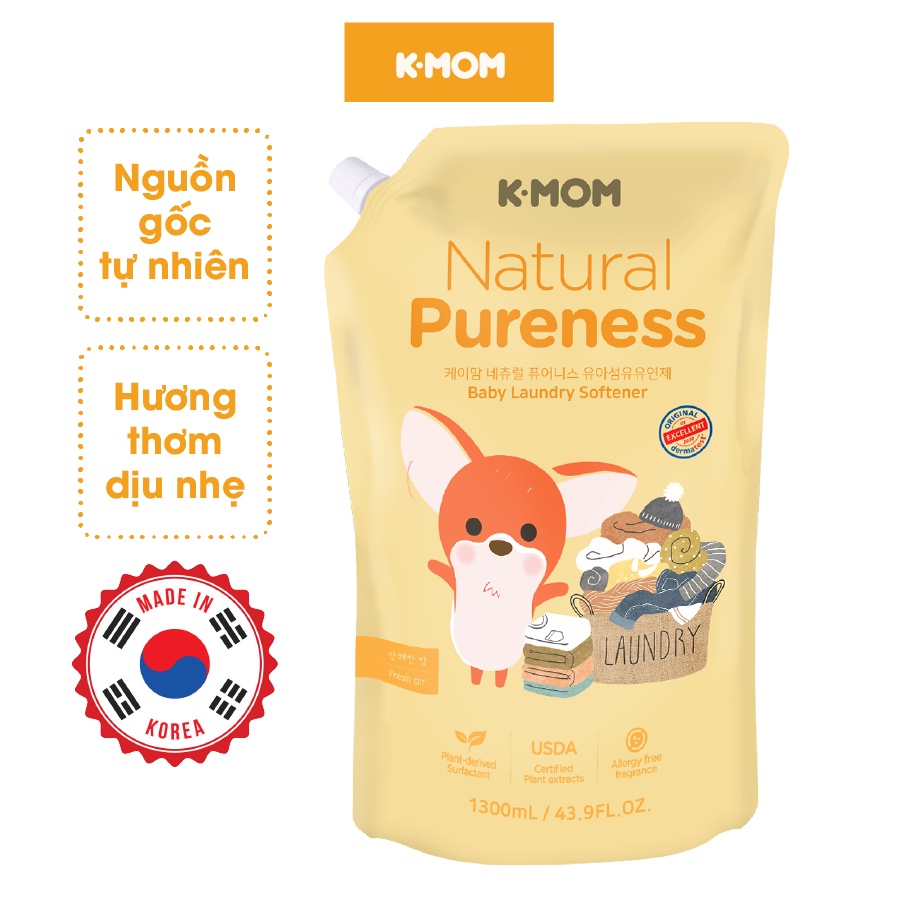 Nước xả vải sơ sinh hữu cơ K-Mom Hàn Quốc thành phần tự nhiên quần áo luôn mềm mại túi 1300ml