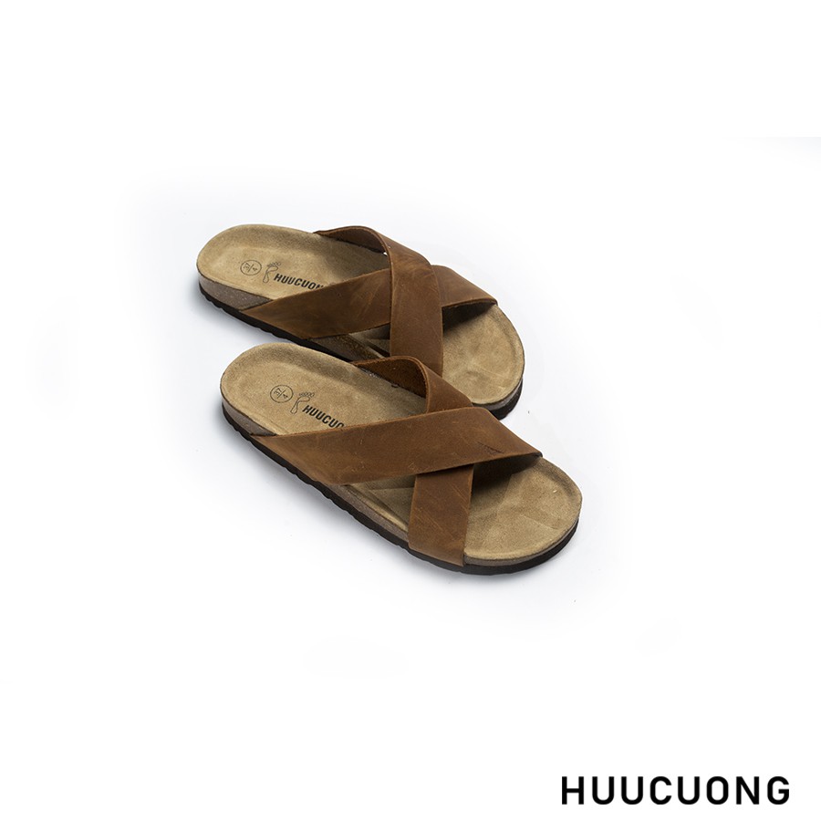 Dép unisex  HuuCuong quai chéo da bò đế trấu