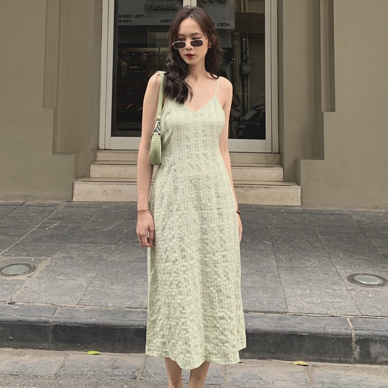 Váy hoa nhí nữ 2 dây dáng dài thiết kế style vintage Huien Design, đầm body cúp ngực cổ tim nhẹ nhàng