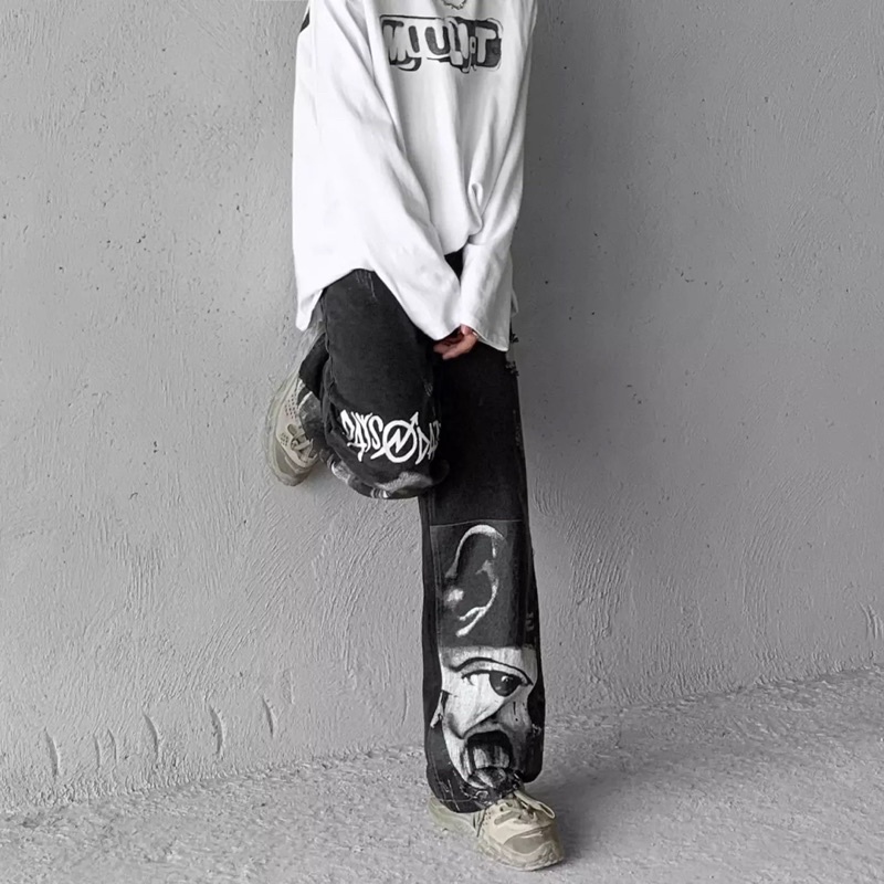 QUẦN JEANS ỐNG RỘNG NAM NỮ T-A-N DÁNG SUÔNG PHONG CÁCH HÀN QUỐC-QJi09-THỜI TRANG UNISEX-Full size hình in,màu đen