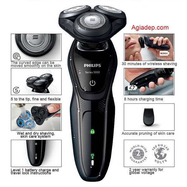 Dao cạo râu Philips S5000 Siêu cao cấp thế hệ mới + Tặng kèm đầu massage mặt, xoay 360 dành cho VIP