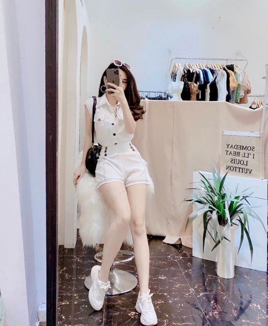 S616 Set Áo Sơ Mi Tay Cánh Rơi Phối Quần Short Cạp Cao Đính Cúc Quá Sang, Chất Đũi Xước QC xịn xò chuẩn túi zip