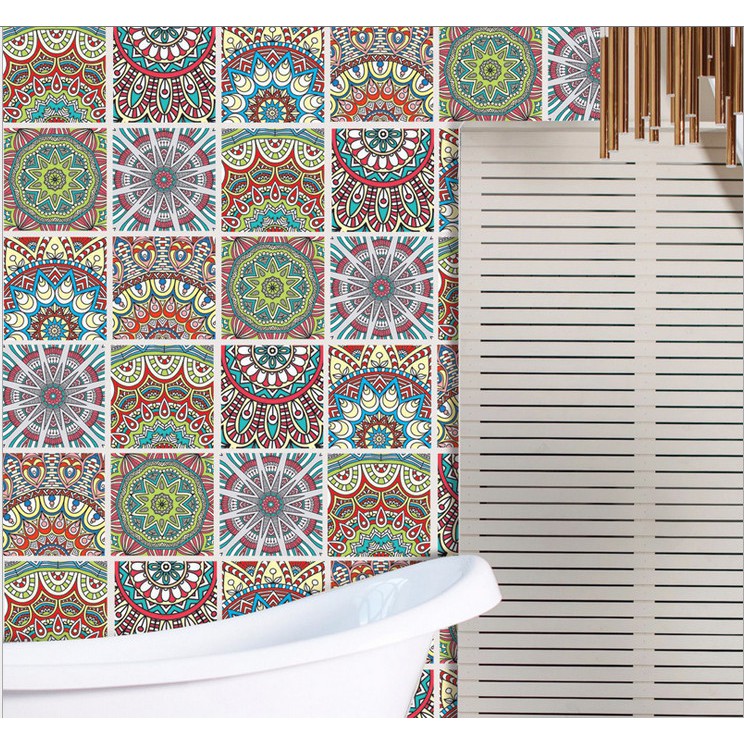 Decal gạch bông hoa văn đỏ xám dạng rời (1 bộ 6 tấm 20cmx20cm)