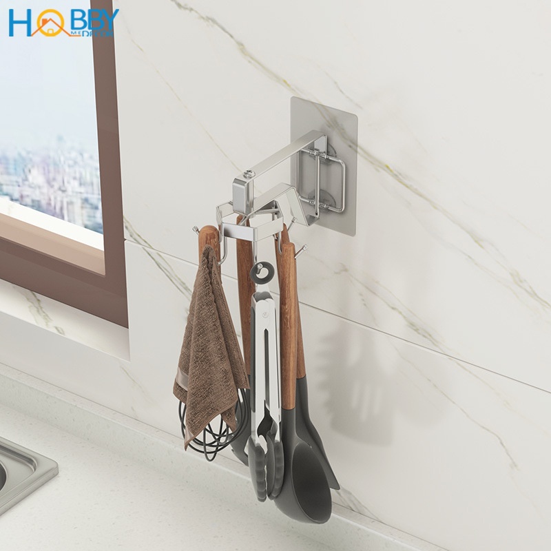 Giá móc treo muỗng vá xoay 360 độ HOBBY Home Decor MX6S dán tường gạch men - kèm 6 móc treo - chuẩn Inox 304