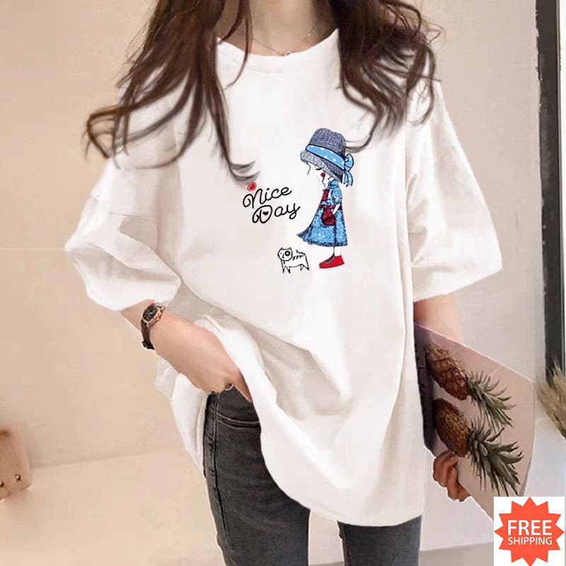 Áo thun nữ tay lỡ, áo phom thụng dáng xuông hình cô gái và cún con 💓 free size kèm ảnh thật + video