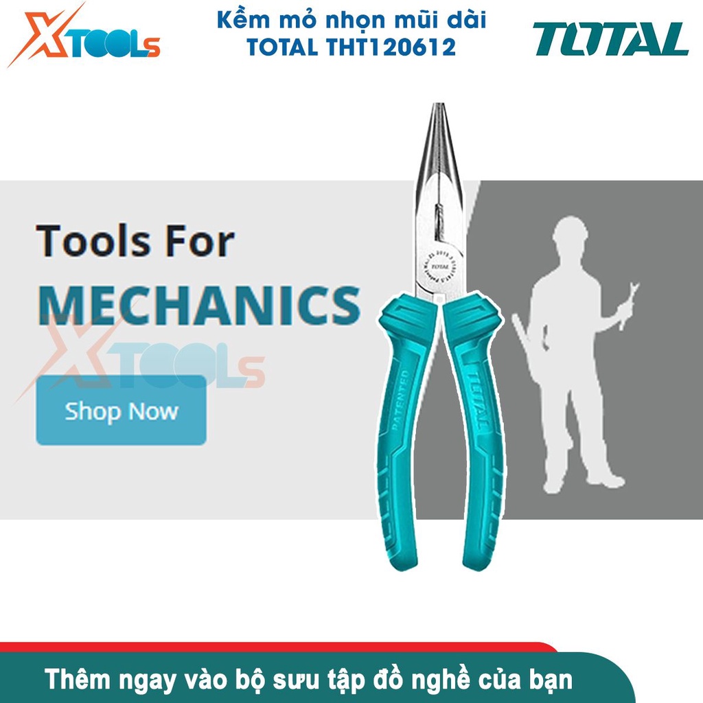 Kìm mũi nhọn mỏ dài TOTAL THT120612 6inch/160mm, đầu kềm đánh bóng chống rỉ, tay cầm nắm chắc chắn-CHÍNH HÃNG-XTOOLS