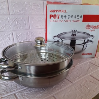 Bộ nồi hấp 2 tầng inox 1 đáy vung kính size 28 cm
