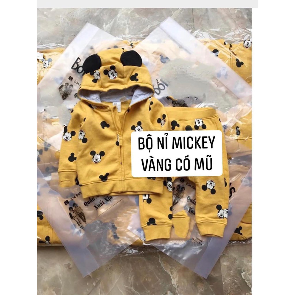 ĐỒ bộ bé trai bé gái nỉ vàng mickey có mũ dày mịn siêu ấm