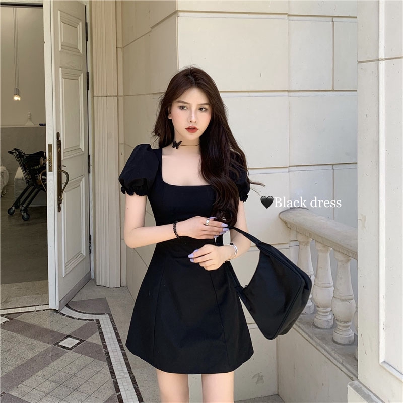 Hàng Mới Về Đầm Tay Phồng Ngắn Cổ Vuông Màu Đen Thời Trang Cho Nữ
