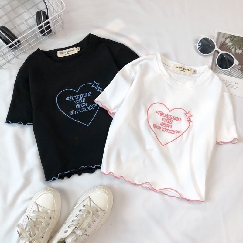 Áo croptop thêu tim tay ngắn form ôm ulzzang (ảnh thật)