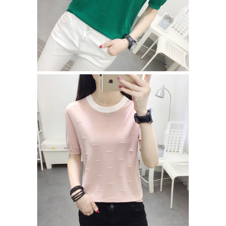 Áo Thun Dệt Kim Mỏng Tay Ngắn Cổ Tròn Thời Trang Mùa Hè Cho Nữ