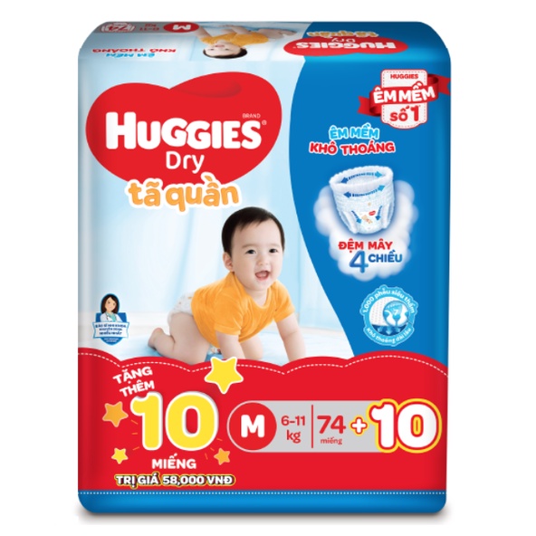 Tã quần Huggies mẫu mới (Đệm mây co giãn) M76/L68/XL62/XXL56