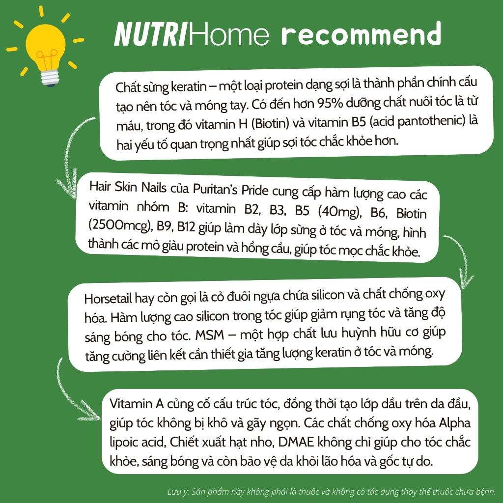 Viên uống hỗ trợ da, tóc, móng Hair, Skin &amp; Nails Puritan’s Pride giảm rụng tóc, đẹp da (Nutri Home) (30 viên)