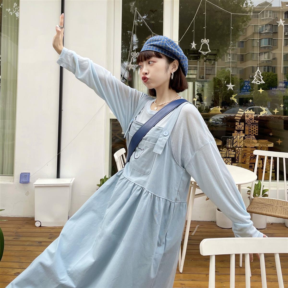 Set Áo Tay Dài Và Đầm Yếm Màu Trơn Phong Cách Hàn Quốc Cho Nữ