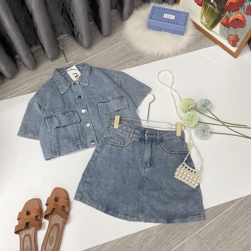 Sét áo jean croptop kèm chân váy jean kiểu dáng chữ A kiểu phong cách hàn quốc