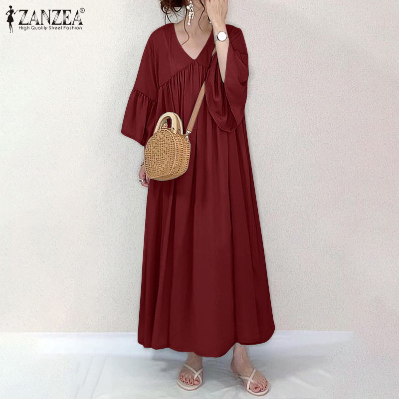 Đầm Maxi ZANZEA Tay Lỡ Cổ Chữ V Màu Trơn Sành Điệu Cho Nữ | BigBuy360 - bigbuy360.vn