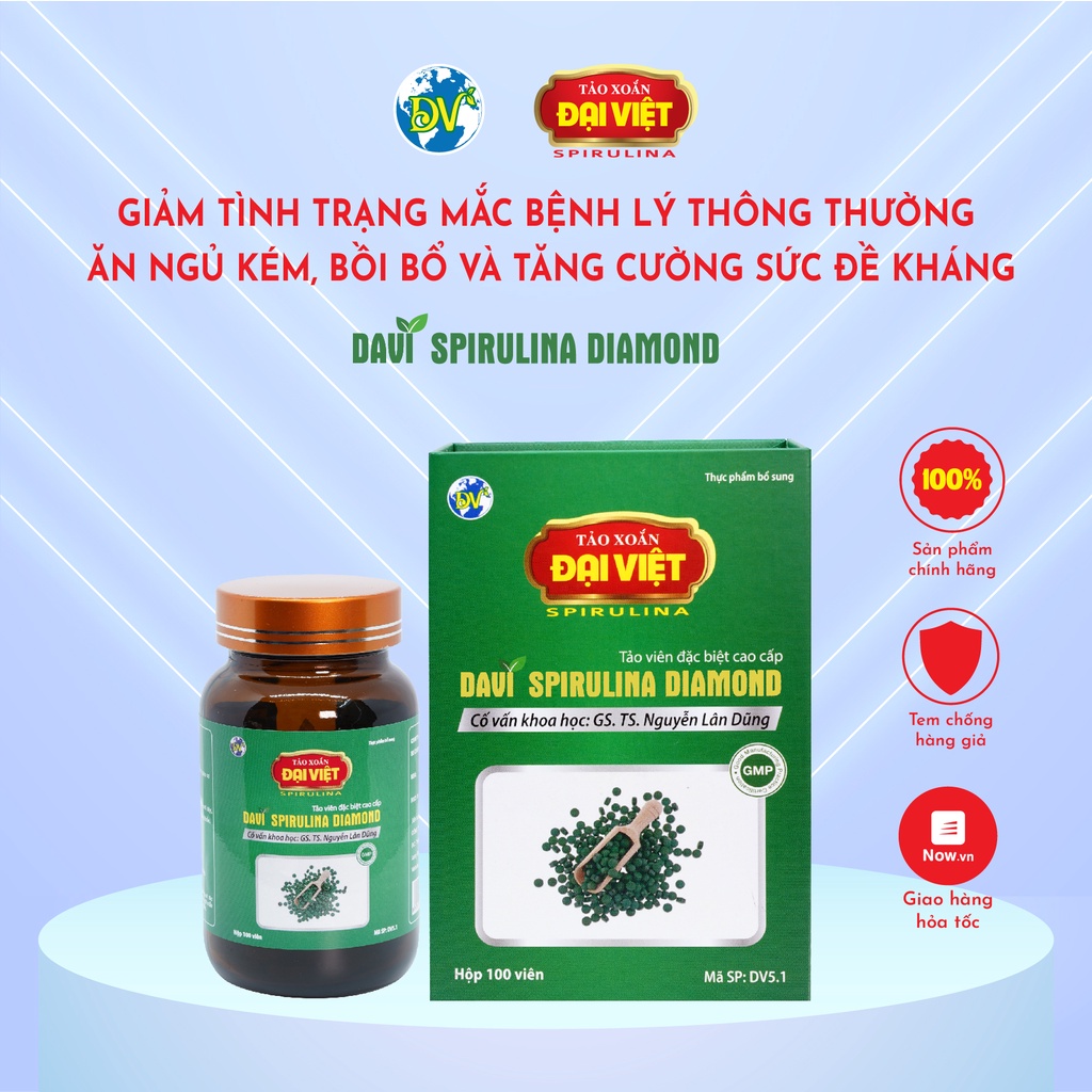 Viên uống Spirulina 100% tảo Giúp cơ thể ăn ngon, ngủ tốt, tiêu hóa tốt Davi Diamond lọ 100v Tảo xoắn Đại Việt chínhhãng