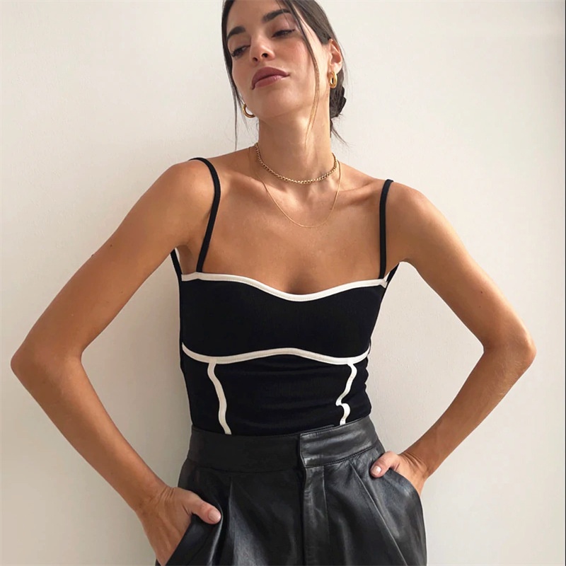 W[]-Women´s Bodysuit Contrast Panel Sleeveless Sling Design Open Back Slim Fit Summer Jumpsuit