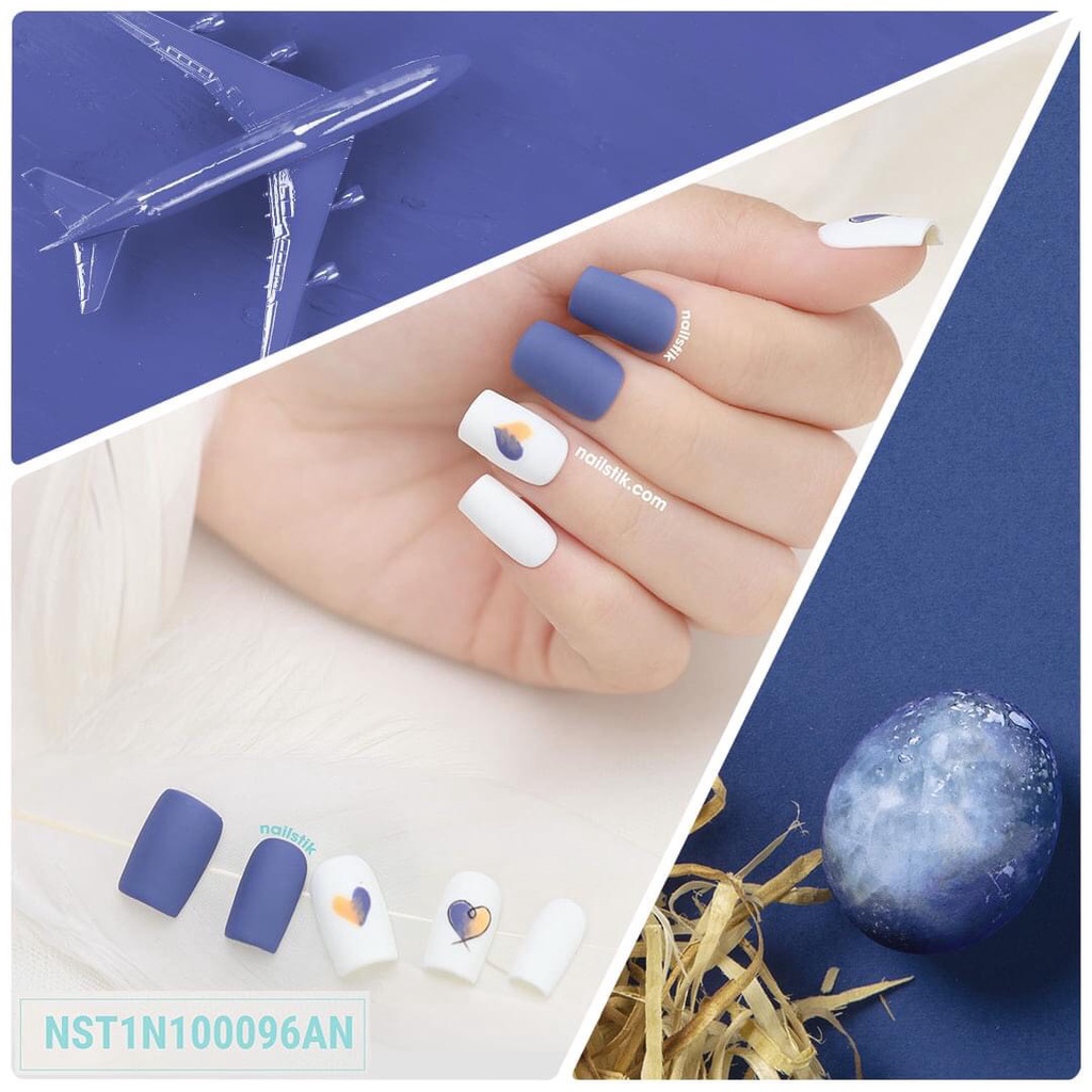 Móng úp thiết kế by NAILSTIK, màu xanh dương đậm, trắng, form móng ngang, ngắn/dài, 096