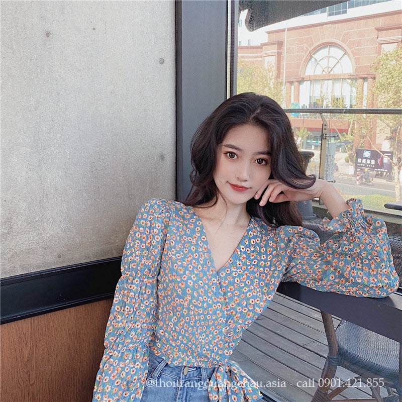 Áo Croptop Hoa Nhí Xanh Bo Eo “Phong Cách Hàn Quốc” Mã QC65