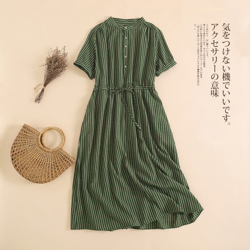 Bán Hạ Giá ~ Quầy Bar withdraw Nhãn Hiệu Đuôi Váy Sơ Mi Dài Vải Lanh Cotton Tay Ngắn Kẻ Sọc