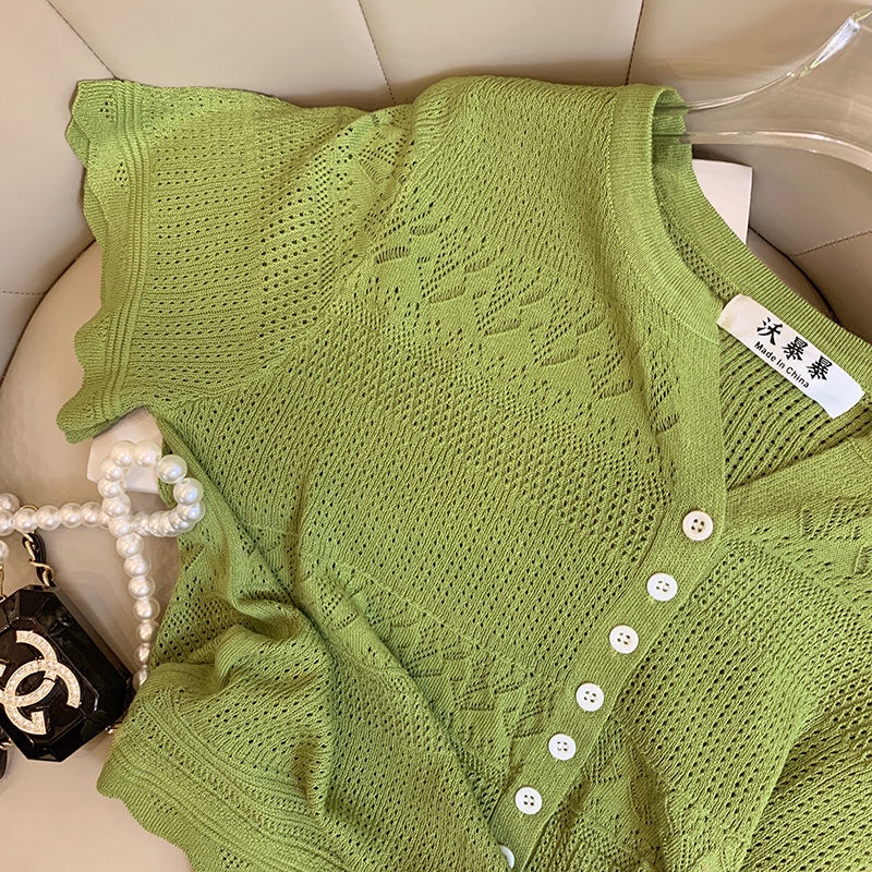 Bộ Áo cardigan Viền Gợn Sóng + Chân Váy Hoa Lưng Cao Xinh Xắn Theo Phong Cách Mới