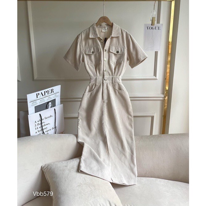 Váy sơ mi nhung tăm dáng dài xẻ trước chun sau sang trọng