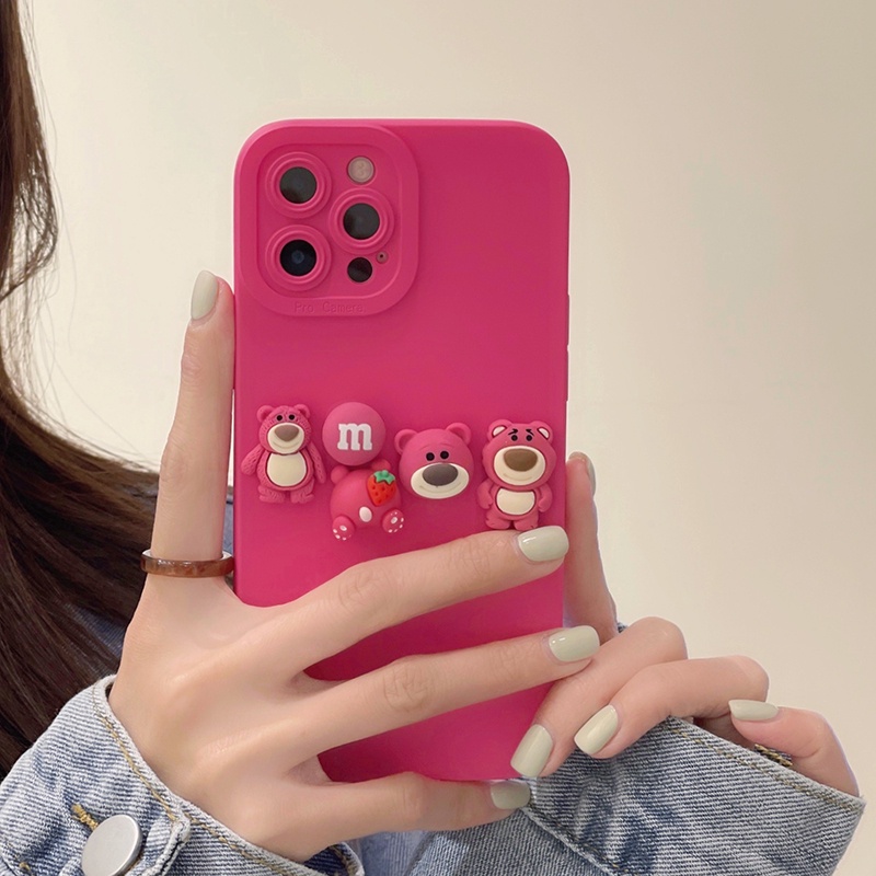 Ốp Điện Thoại Tpu Dẻo In Hình Gấu Hồng Đỏ Dâu Đáng Yêu Cho iphone 15 pro max 14 13 12 pro max 11 pro max 7 8 plus