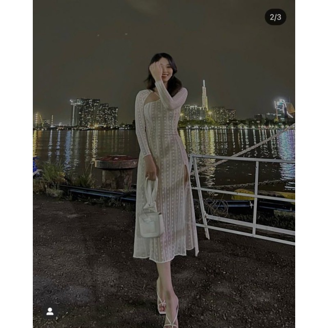 ( ẢNH THẬT SHOP TỰ QUAY CẬN CẢNH CHẤT VẢI ) Đầm midi xẻ tà phiên bản ren nổi siêu hot tiktok | BigBuy360 - bigbuy360.vn