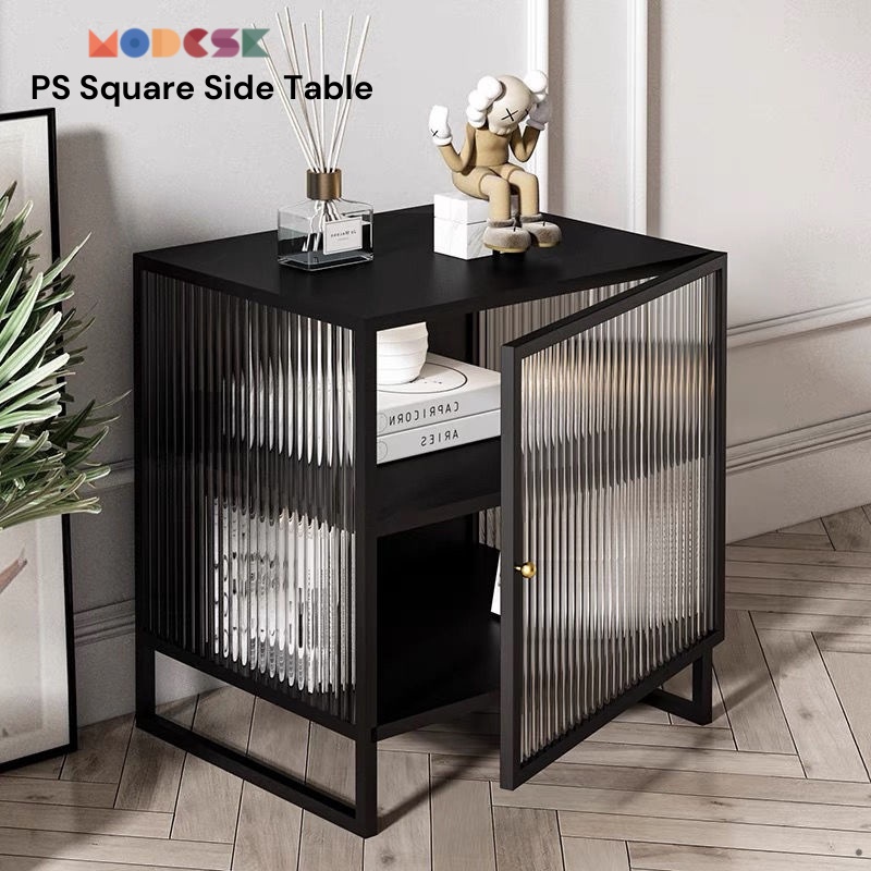 Kệ Sofa -đầu giường Modesk PS Square Side Cabinet sắt sơn tĩnh điện, kính cường lực sọc