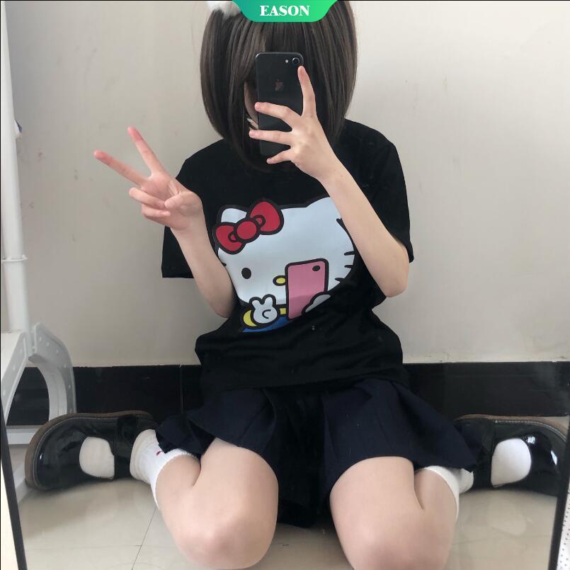 Áo Thun Tay Ngắn Dáng Rộng In Hình Mèo Hello Kitty Phong Cách Harajuku Cá Tính Cho Nam Nữ