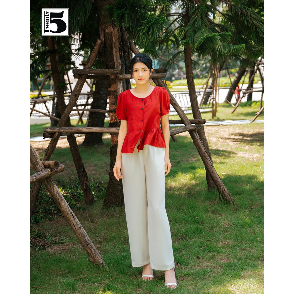 Áo sơ mi nữ công sở đỏ vintage viền gấu bèo cổ tròn Twentyfive SA11