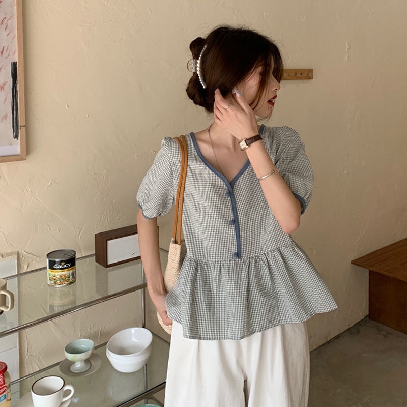 Áo tay ngắn cổ chữ V họa tiết caro thời trang mùa hè sang trọng dành cho nữ